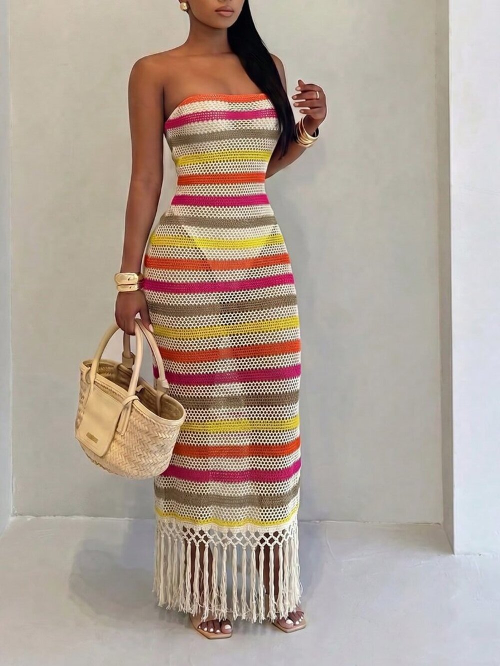 Multicolor striped  Sexy Crochet Tassel Hem Beach Women's maxi Dress